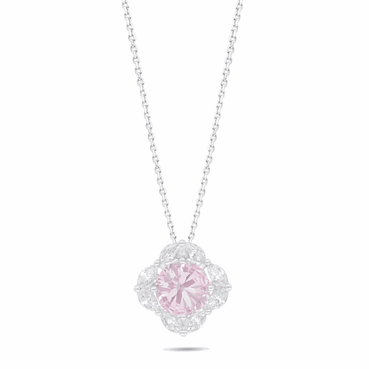 Sterling Silver 925 Necklace Rhodium Plated Embedded With Pink Zircon And White Zircon