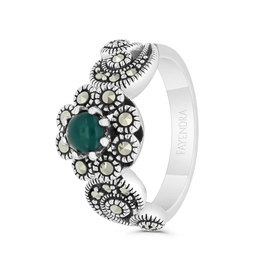 Sterling Silver 925 Ring Embedded With Natural Green Agate And Marcasite Stones