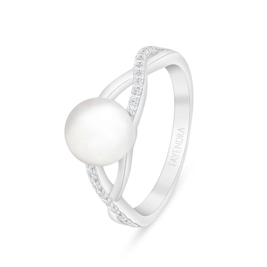 Sterling Silver 925 Ring Rhodium Plated Embedded With Natural White Pearl And White Zircon
