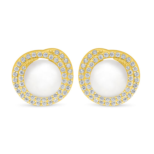Sterling Silver 925 Earring Golden Plated Embedded With Natural White Pearl And White Zircon