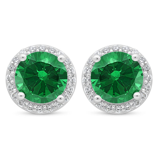 Sterling Silver 925 Earring Rhodium Plated Embedded With Emerald Zircon And White Zircon