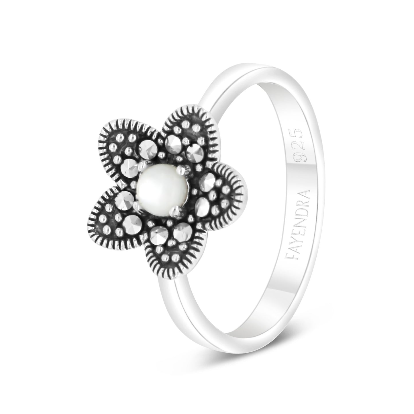 Sterling Silver 925 Ring Embedded With Natural White Shell And Marcasite Stones