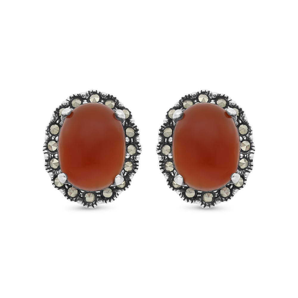 Sterling Silver 925 Earring Embedded With Natural Aqiq And Marcasite Stones