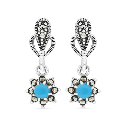 Sterling Silver 925 Set Embedded With Natural Processed Turquoise And Marcasite Stones
