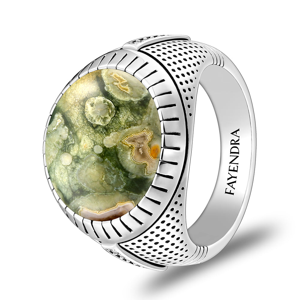 Sterling Silver 925 Ring Rhodium Plated Embedded With RHYOLITE And White CZ