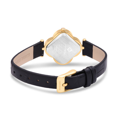 Stainless Steel 316L Watch Golden Color Black Leather Embedded With White Zircon - WHITE MOP DIAL