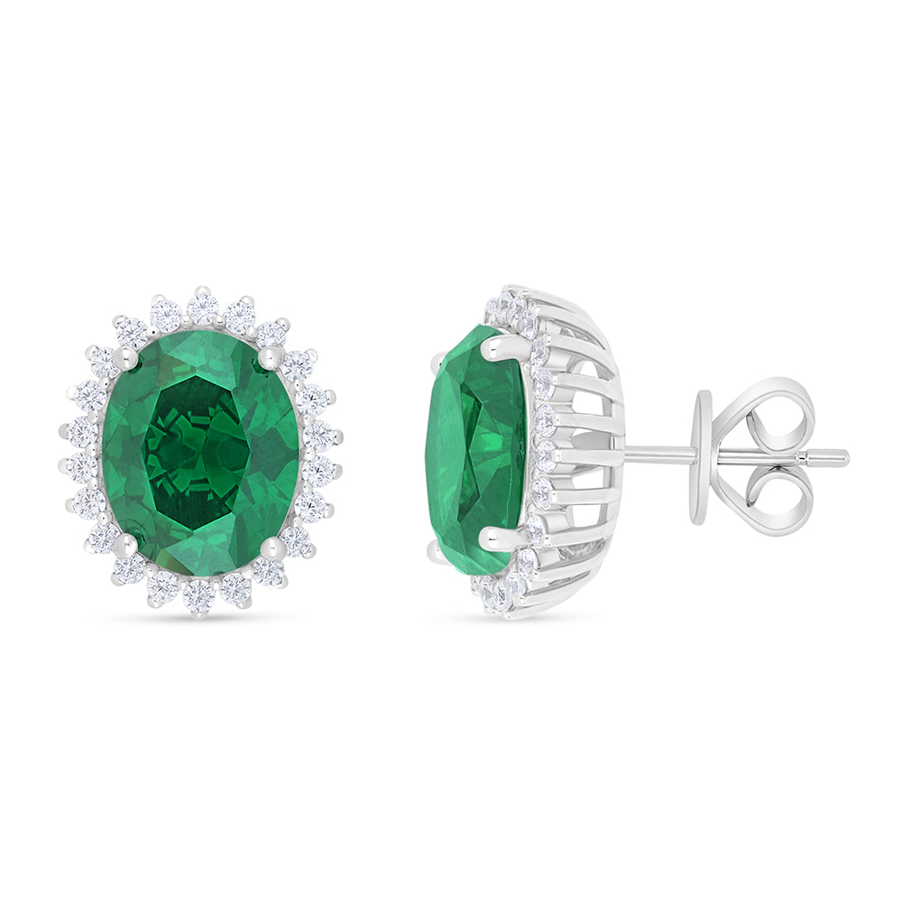 Sterling Silver 925 Earring Rhodium Plated Embedded With Emerald Zircon And White Zircon