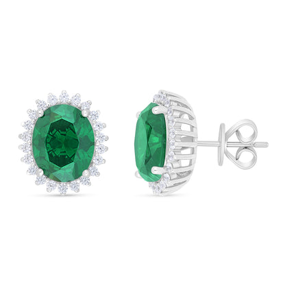 Sterling Silver 925 Earring Rhodium Plated Embedded With Emerald Zircon And White Zircon