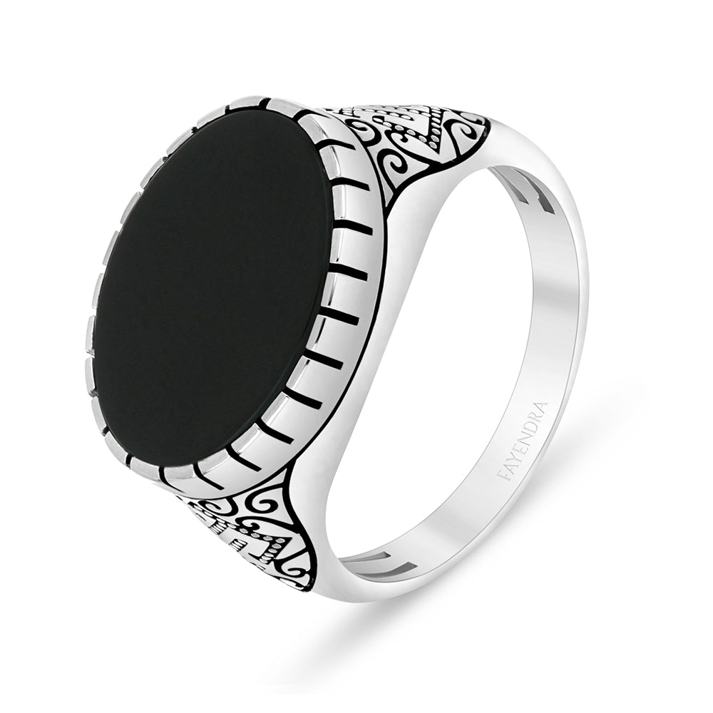 Sterling Silver 925 Ring Rhodium And Black Plated Embedded With Black Agate For Men