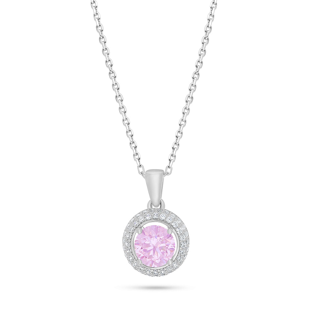 Sterling Silver 925 Necklace Rhodium Plated Embedded With Pink Zircon And White Zircon