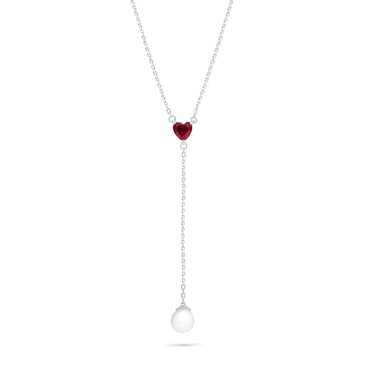 Sterling Silver 925 Necklace Rhodium Plated Embedded With Natural White Pearl And Ruby Corundum