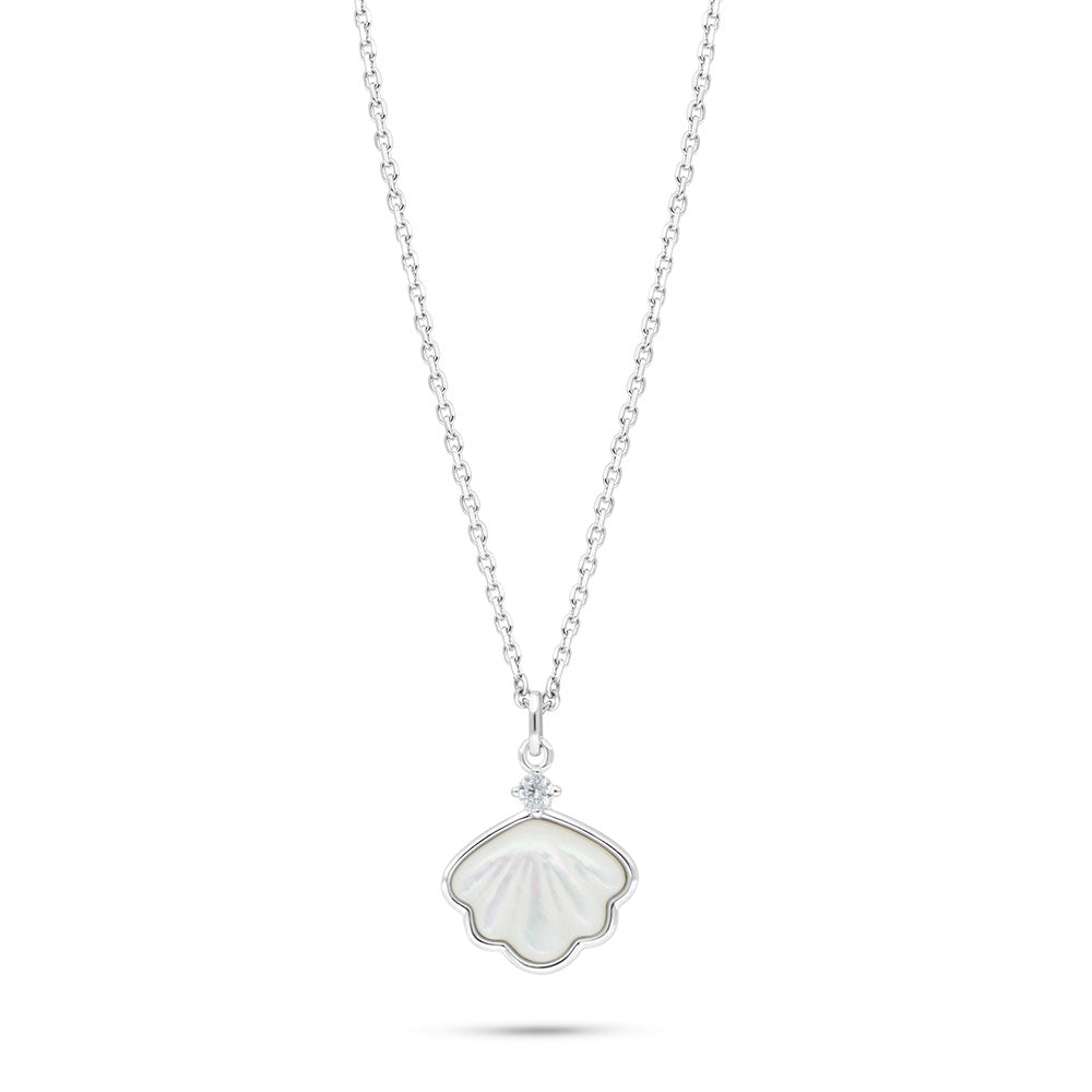 Sterling Silver 925 Necklace Rhodium Plated Embedded With White Shell And White Zircon