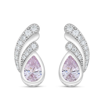 Sterling Silver 925 Earring Rhodium Plated Embedded With Pink Zircon And White Zircon