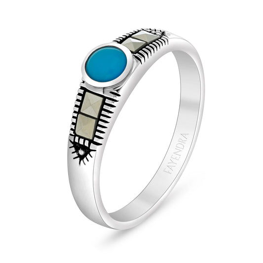 Sterling Silver 925 Ring Embedded With Natural Processed Turquoise And Marcasite Stones