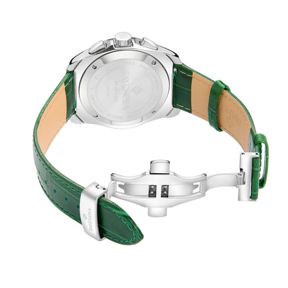 ساعة رجالي ستانلس ستيل عيار L316 بلون فضي جلد اخضر - مينا حجر صدف ام اللالئ الاخضر