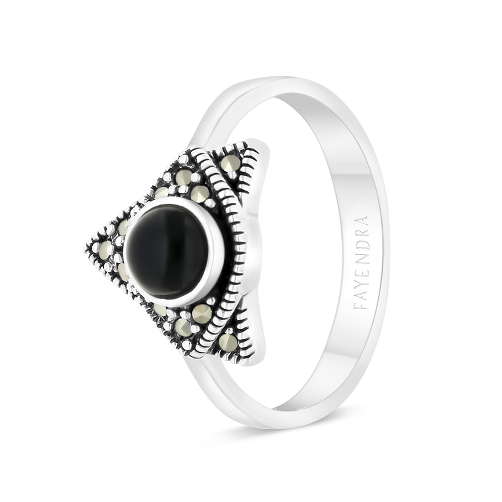 Sterling Silver 925 Ring Embedded With Natural Black Agate And Marcasite Stones