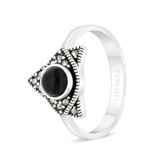 Sterling Silver 925 Ring Embedded With Natural Black Agate And Marcasite Stones