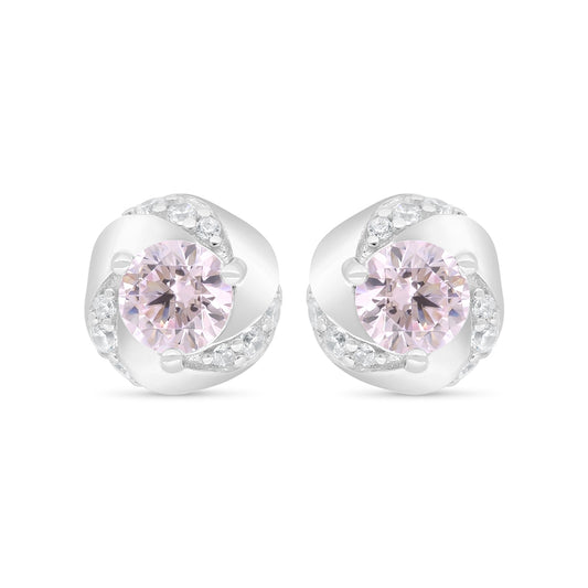Sterling Silver 925 Earring Rhodium Plated Embedded With Pink Zircon And White Zircon