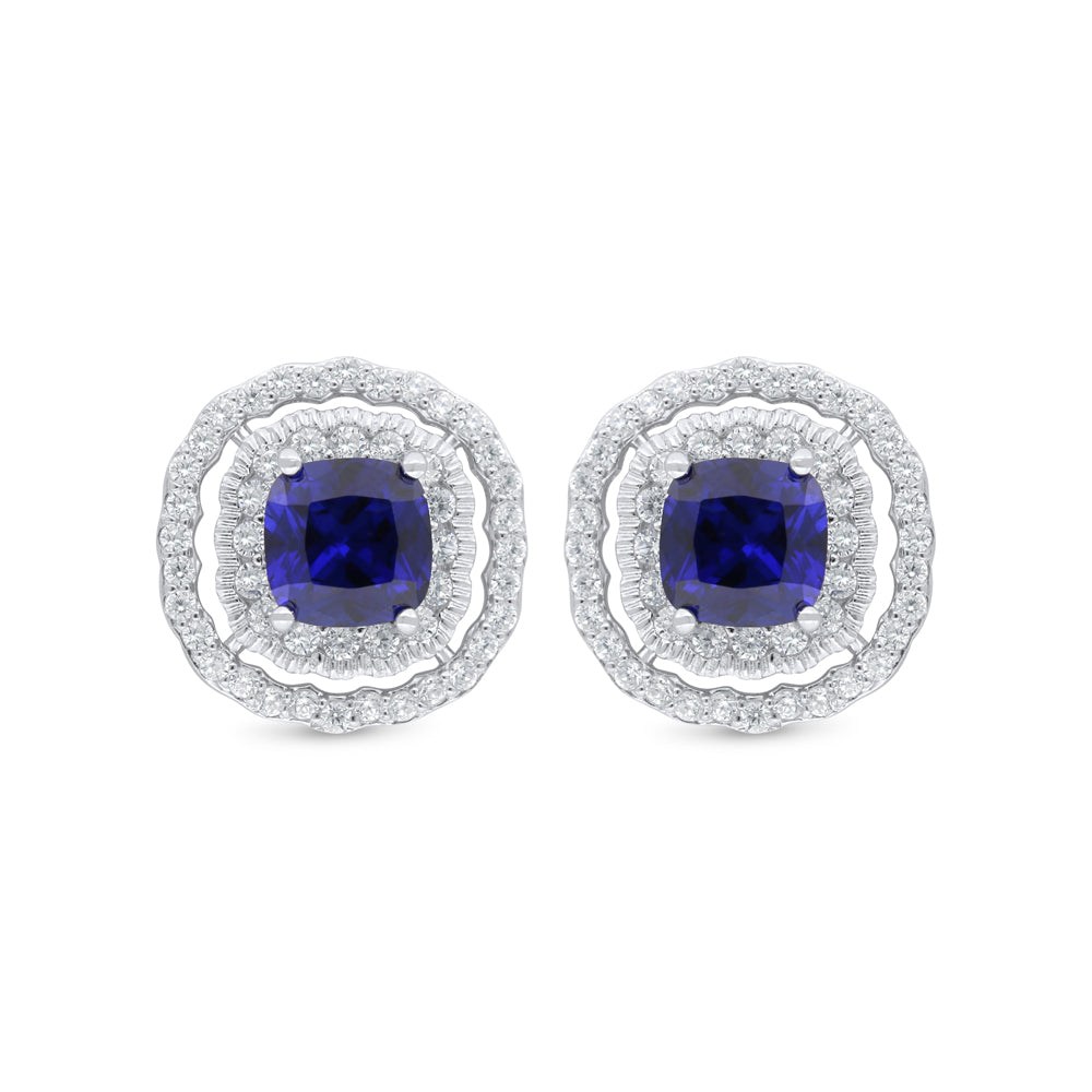 Sterling Silver 925 Earring Rhodium Plated Embedded With Sapphire Corundum And White Zircon