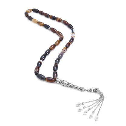 Rosary 33 Agate Gray And brown Olive Beads 16*8 mm With Stainless Steel 316L Set Silver And Black Plated