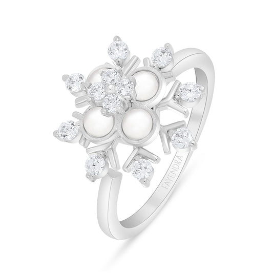 Sterling Silver 925 Ring Rhodium Plated Embedded With Natural White Pearl And White Zircon