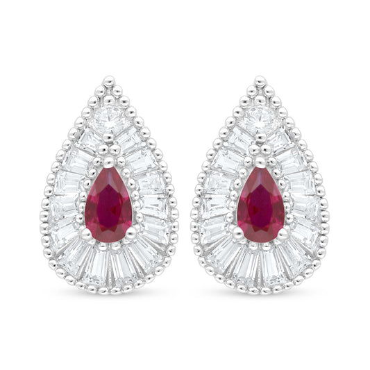 Sterling Silver 925 Earring Rhodium Plated Embedded With Ruby Corundum And White Zircon