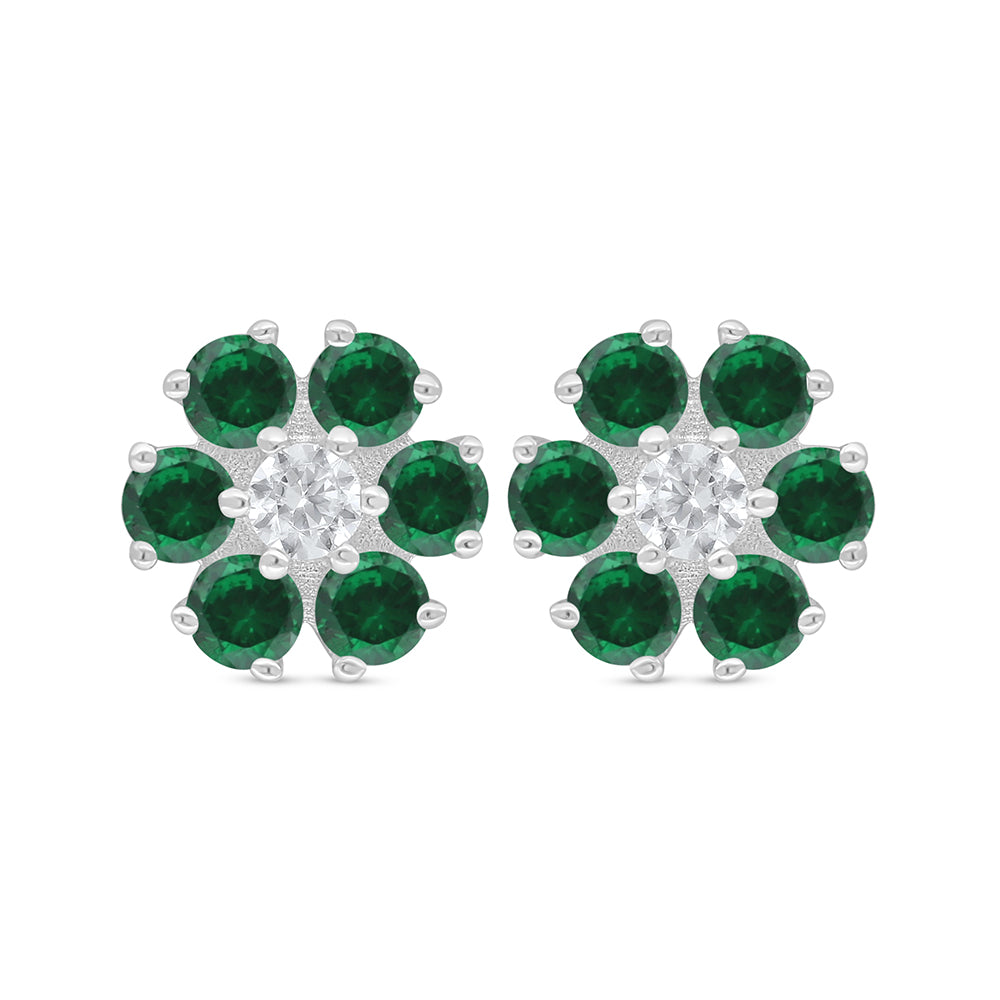 Sterling Silver 925 Earring Rhodium Plated Embedded With Emerald Zircon