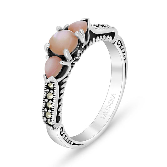 Sterling Silver 925 Ring Embedded With Natural Pink Shell And Marcasite Stones