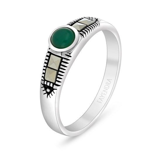 Sterling Silver 925 Ring Embedded With Natural Green Agate And Marcasite Stones