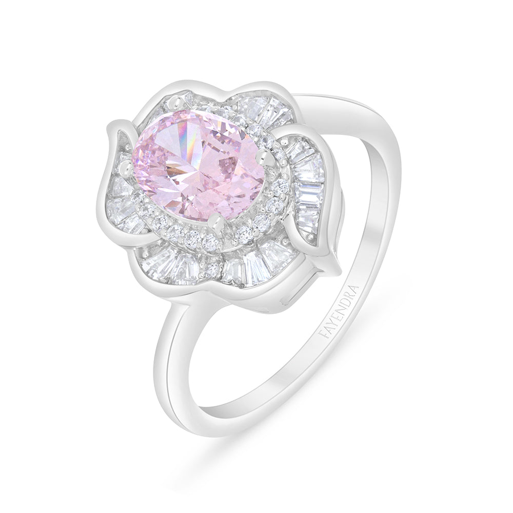 Sterling Silver 925 Ring Rhodium Plated Embedded With Pink Zircon And White Zircon