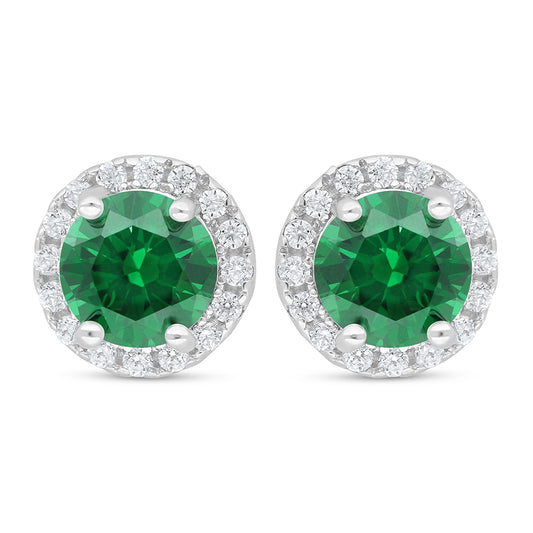 Sterling Silver 925 Earring Rhodium Plated Embedded With Emerald Zircon And White Zircon