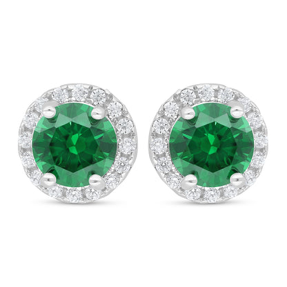 Sterling Silver 925 Earring Rhodium Plated Embedded With Emerald Zircon And White Zircon