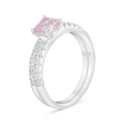 Sterling Silver 925 Ring (Twins) Rhodium Plated Embedded With Pink Zircon And White Zircon