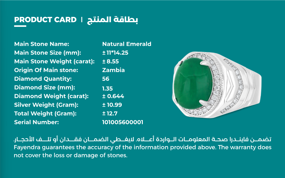 Sterling Silver 925 Men Ring Rhodium Plated Embedded With Natural Emerald And Natural Diamond (CVD)