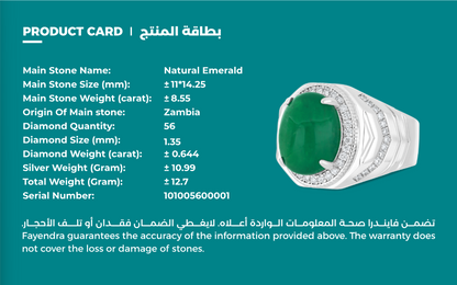 Sterling Silver 925 Men Ring Rhodium Plated Embedded With Natural Emerald And Natural Diamond (CVD)