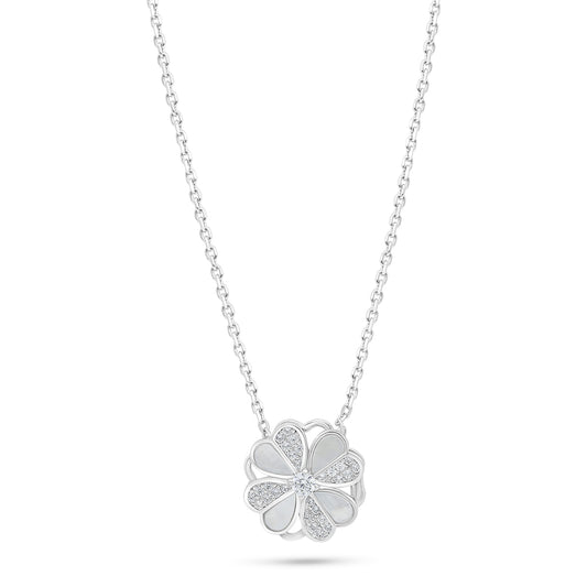 Sterling Silver 925 Necklace Rhodium Plated Embedded With white Shell And White Zircon
