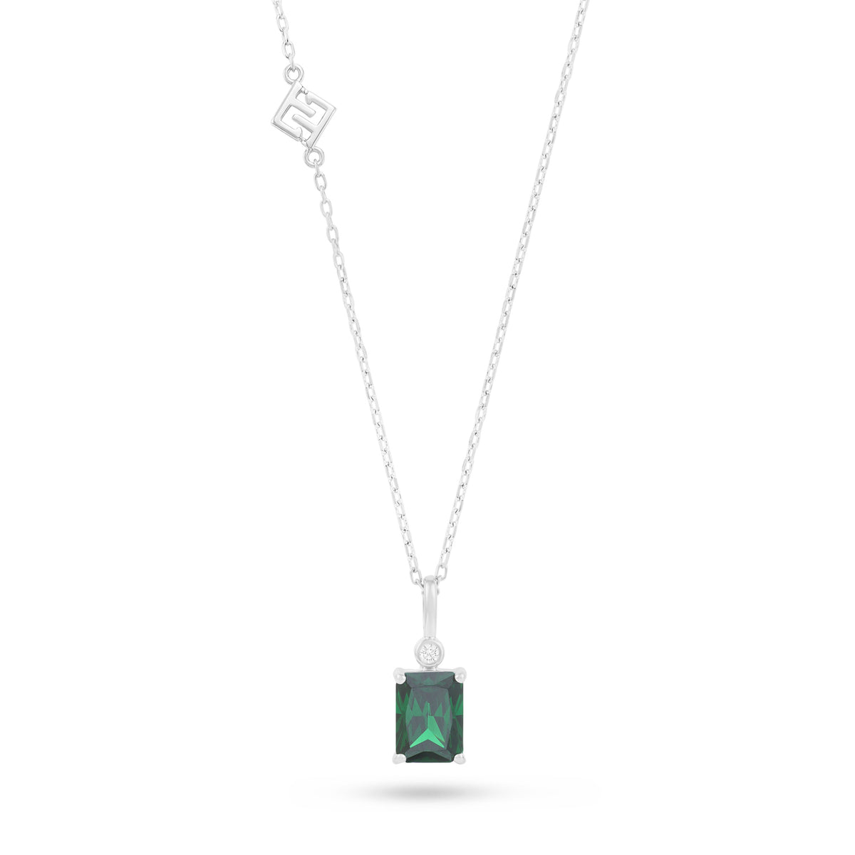 عقد من الفضة الخالصة عيار 925 مطلي روديوم مرصع زركون زمردي و فص ابيض