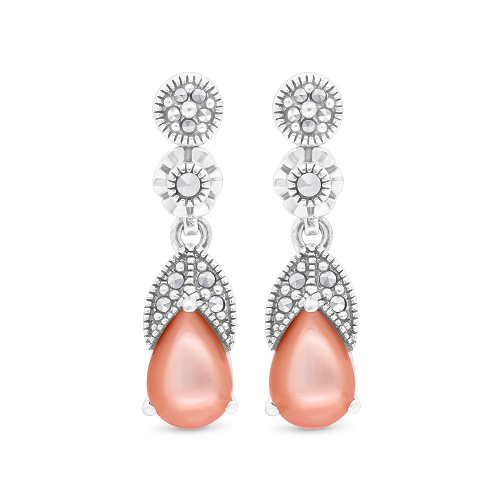 Sterling Silver 925 Set Embedded With Natural Pink Shell And Marcasite Stones