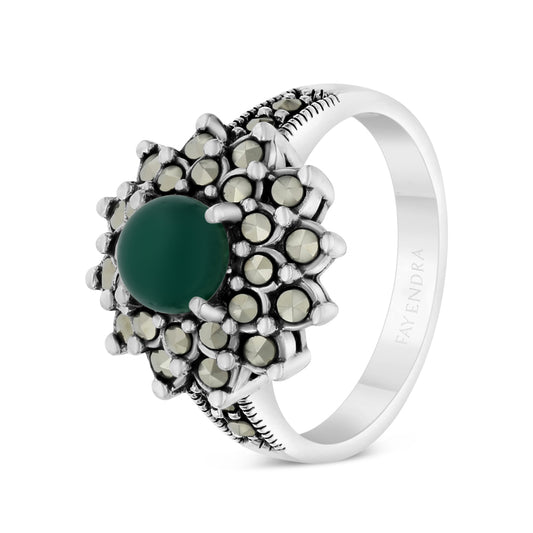 Sterling Silver 925 Ring Embedded With Natural Green Agate And Marcasite Stones