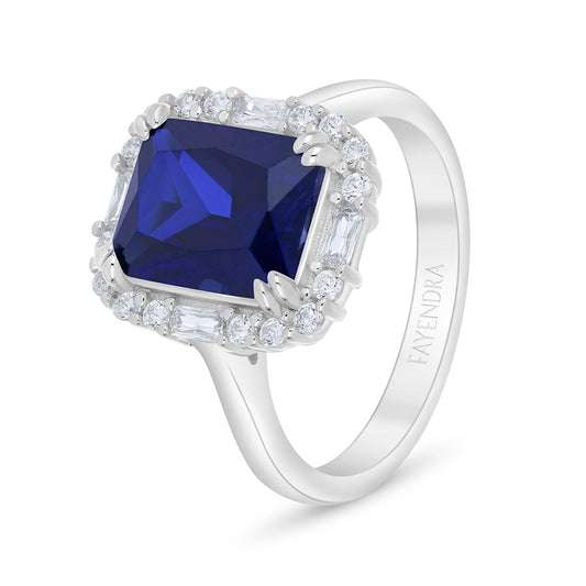 Sterling Silver 925 Ring Rhodium Plated Embedded With Sapphire Corundum And White Zircon