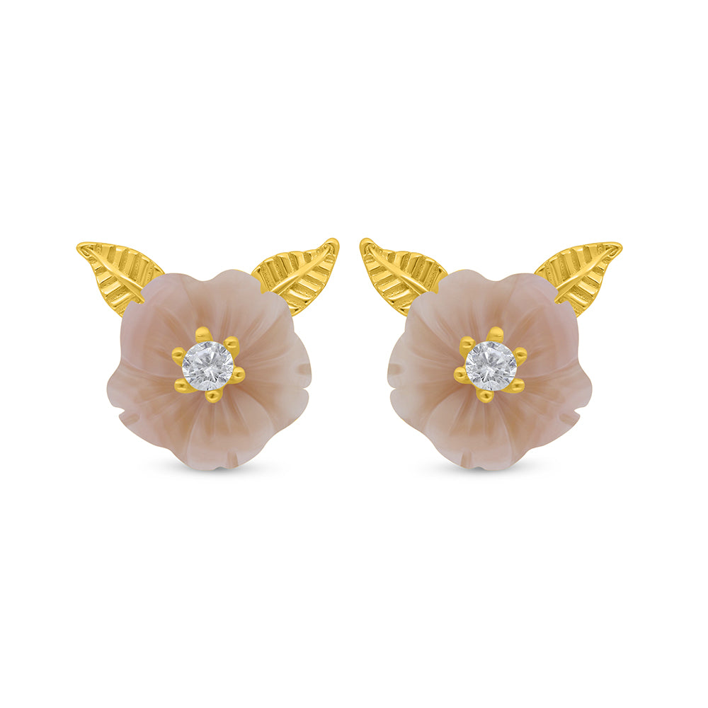 Sterling Silver 925 Earring Golden Plated Embedded With Pink Shell And White Zircon
