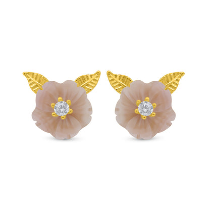 Sterling Silver 925 Earring Golden Plated Embedded With Pink Shell And White Zircon