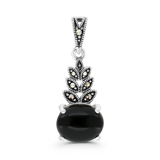 Sterling Silver 925 Pendant Embedded With Natural Black Agate And Marcasite Stones
