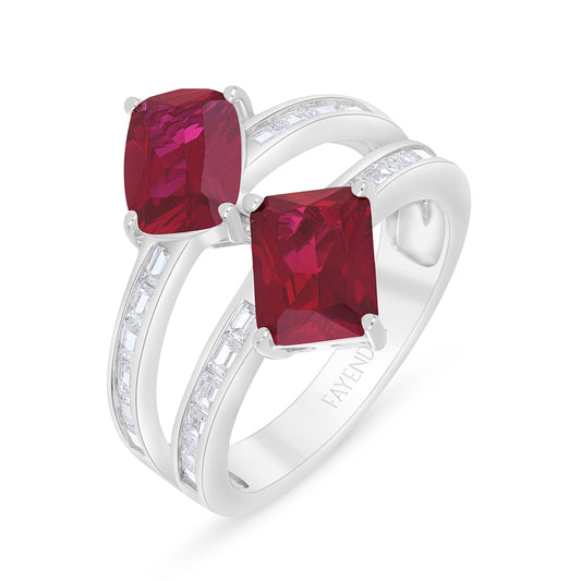 Sterling Silver 925 Ring Rhodium Plated Embedded With Ruby Corundum And White Zircon