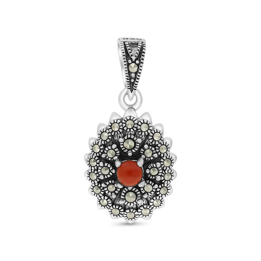 Sterling Silver 925 Pendant Embedded With Natural Aqiq And Marcasite Stones