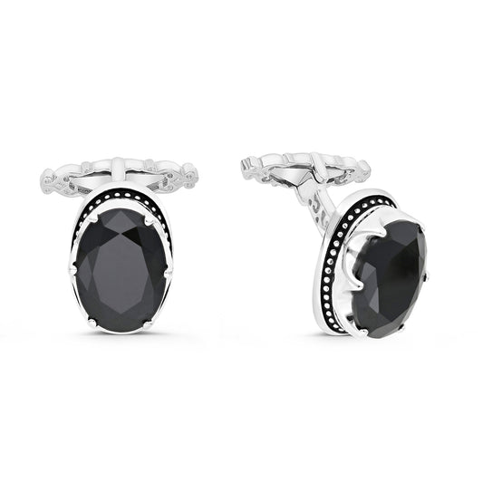 Sterling Silver 925 Cufflink Rhodium And Black Plated Embedded With Onyx Spinal Stone