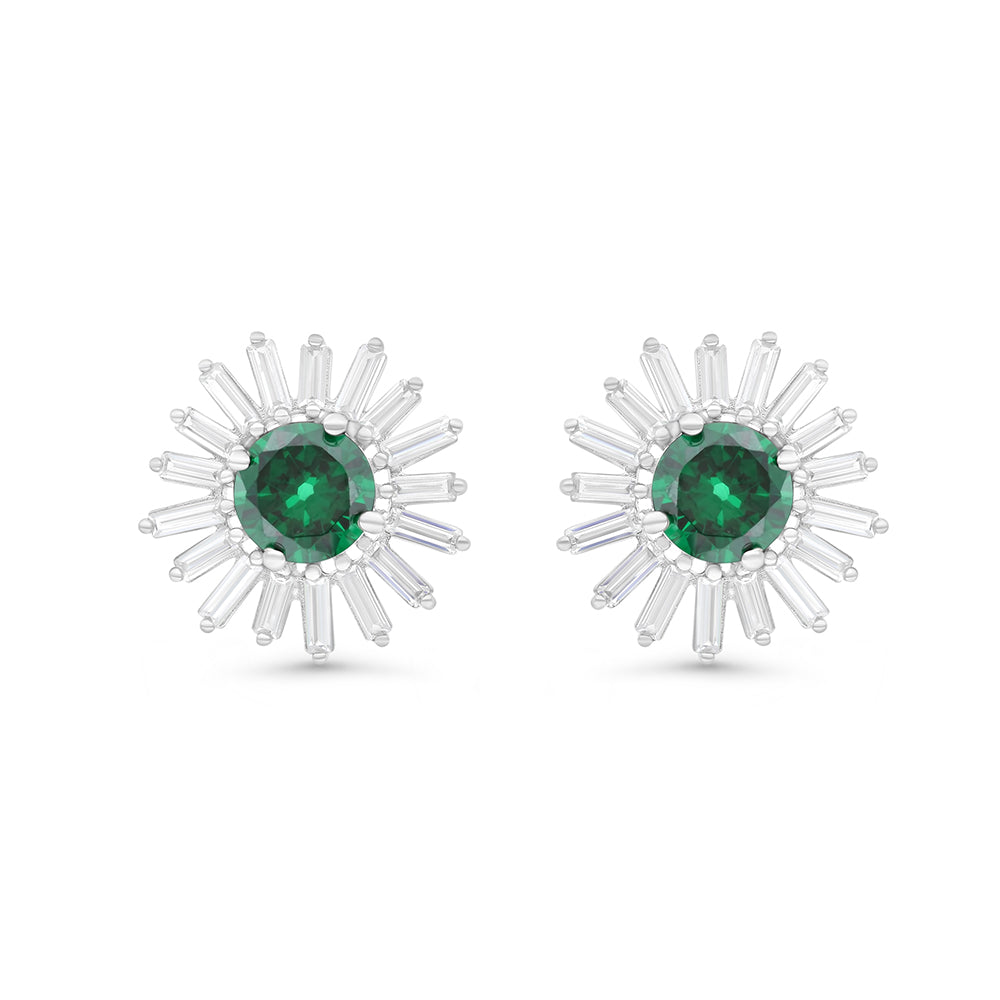 Sterling Silver 925 Earring Rhodium Plated Embedded With Emerald Zircon And White CZ