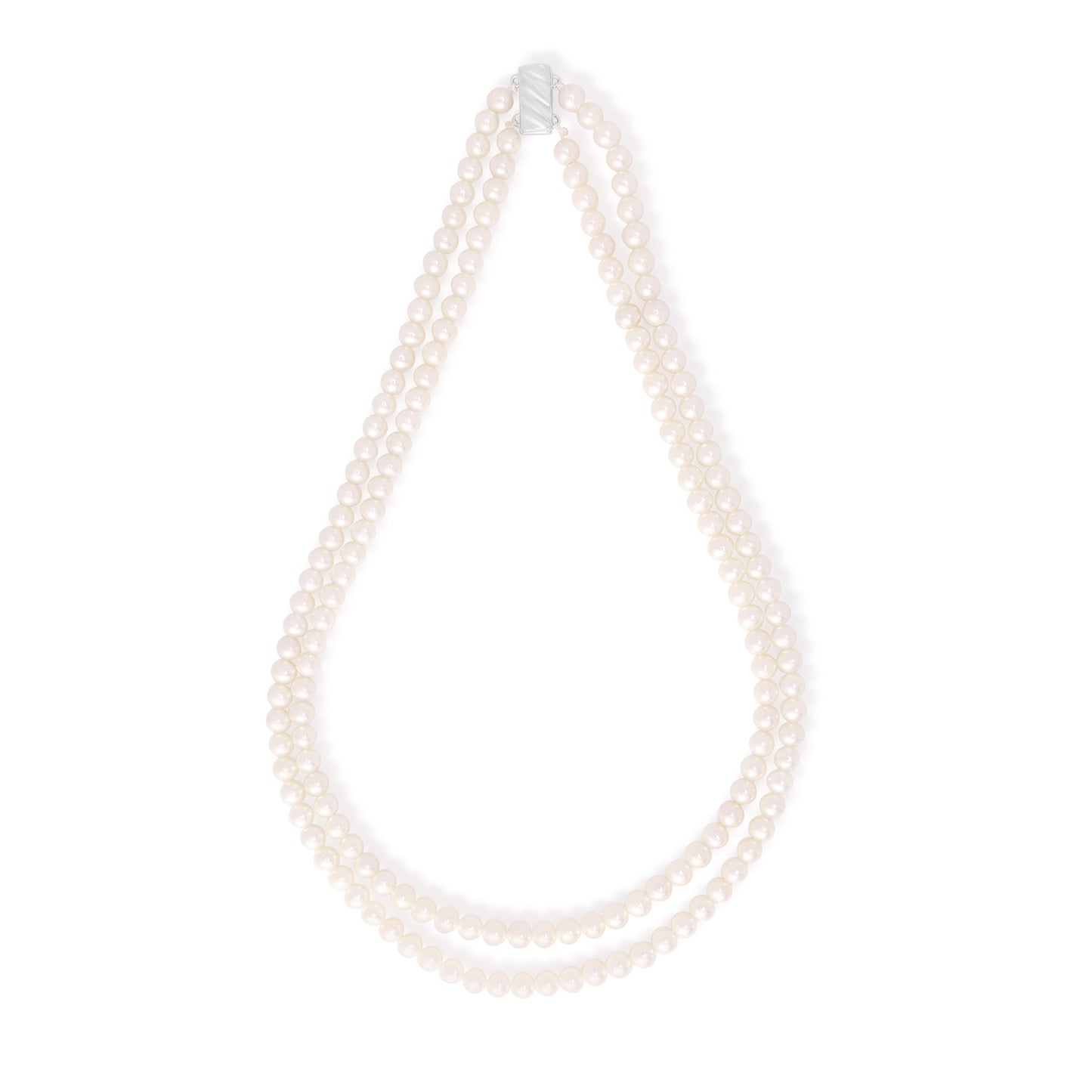 Necklace Of Natural White Pearl Double Strand, 5.5 - 6 mm Round Beads With A Sterling Silver 925 clasp