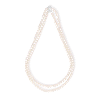 Necklace Of Natural White Pearl Double Strand, 5.5 - 6 mm Round Beads With A Sterling Silver 925 clasp