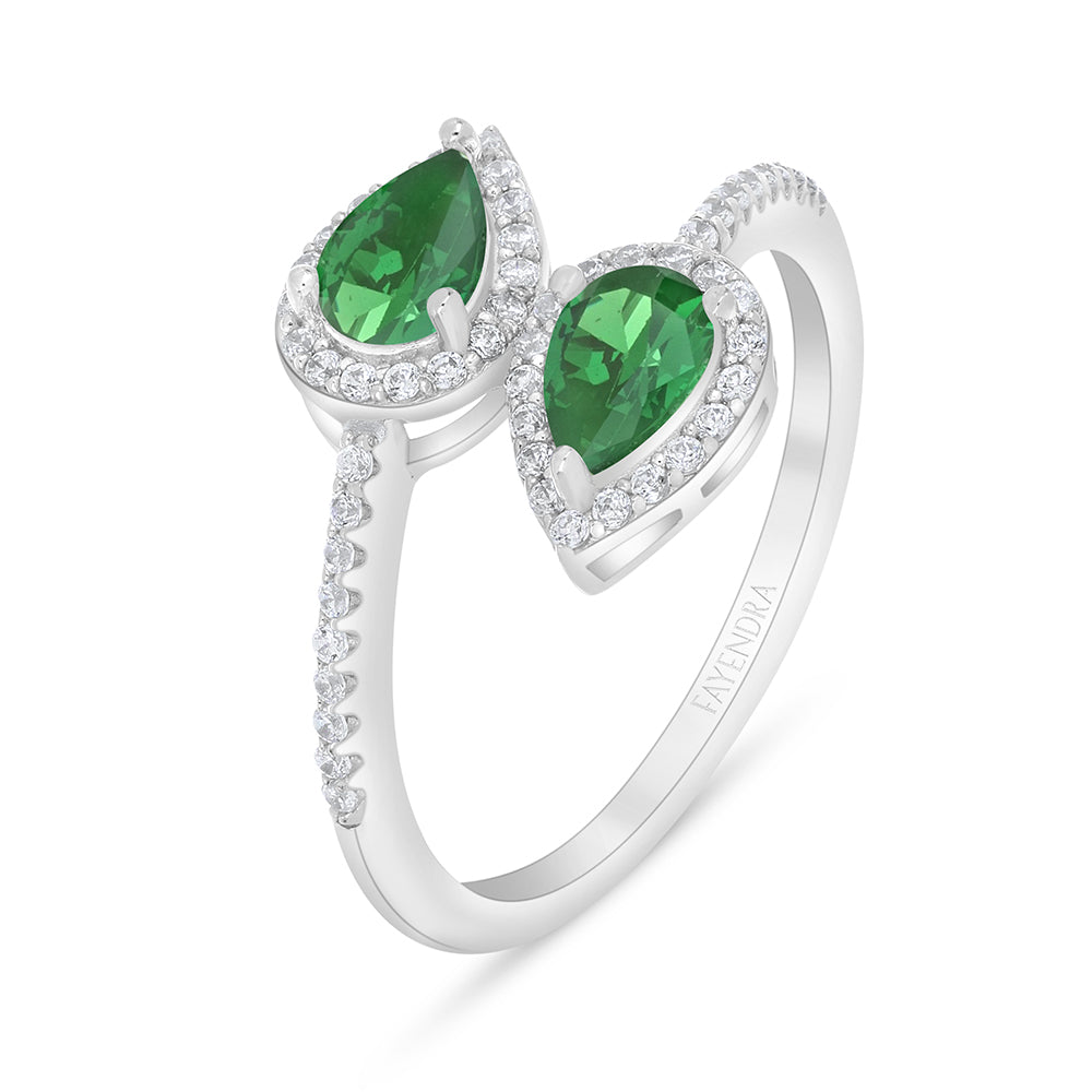Sterling Silver 925 Ring Rhodium Plated Embedded With Emerald Zircon And White Zircon